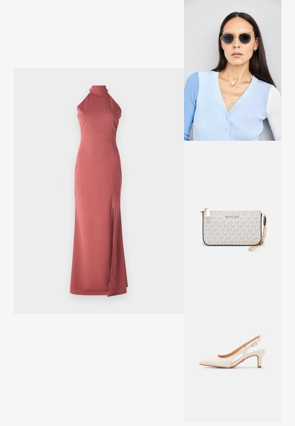 Halter nyakú, testhez simuló ruha rózsaszín, sima anyagból, oldalsó kivágással, amely vonzó sziluettet és minimális dizájnt kínál.; Fehér slingback sarok, hegyes orral, sima felső anyaggal, alacsony blokk sarkával és oldalsó kivágott dizájnnal, állítható csatpánttal.; Kerek napszemüveg sötét lencsékkel és arany kerettel. A modellen világoskék, bordázott kardigán van gombokkal és kontrasztos fehér ujjaival.; Michael Kors bézs bevonatos vászon karkötő, amely ismétlődő MK logó mintával, aranyszínű fémrészletekkel és levehető lánchordóval rendelkezik.