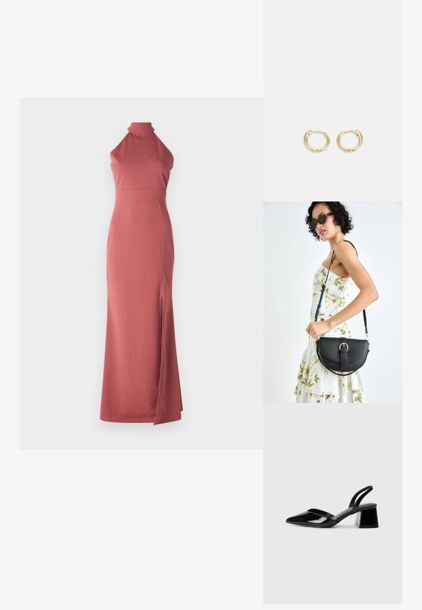 Robe ajustée à col halter en tissu lisse de couleur rose, avec une fente sur le côté, offrant une silhouette élégante et un design minimaliste.; Escarpins en cuir verni noir avec bout pointu et talon bloc géométrique. Présente un design élégant et minimaliste ainsi qu'une texture lisse.; Sac à main en cuir noir avec une forme courbée, bandoulière amovible et des accessoires en or. Le sac est doté d'un rabat avec un détail de boucle.; Boucles d'oreilles en or en forme de rond lisse et arrondi. Équipées d'une petite fermeture à charnière, d'une apparence légère et d'une finition polie.