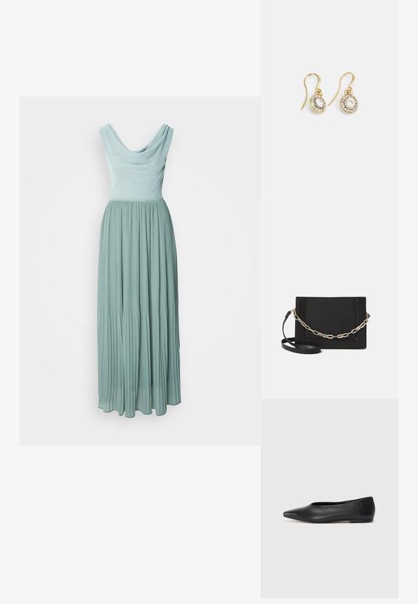 Dugih naborani haljina u svijetlo tirkiznoj boji, s okruglim izrezom i prilagođenim tijelom. Mekana, lepršava tkanina stvara blagu siluetu.; Crne kožne balerinke, uski vrh, minimalistički dizajn, glatka tekstura, niska peta, bez vidljivih dodataka ili ukrasa.; Crna kožna torba preko tijela s glatkom teksturom, pravokutnim oblikom i metalnim lancem na prednjoj strani. Uključena je podesiva naramenica.; Zlatne naušnice s ovalnim prozirnim kristalima okruženim manjim prozirnim kamenčićima, s dizajnom na kuku za sigurno nošenje.