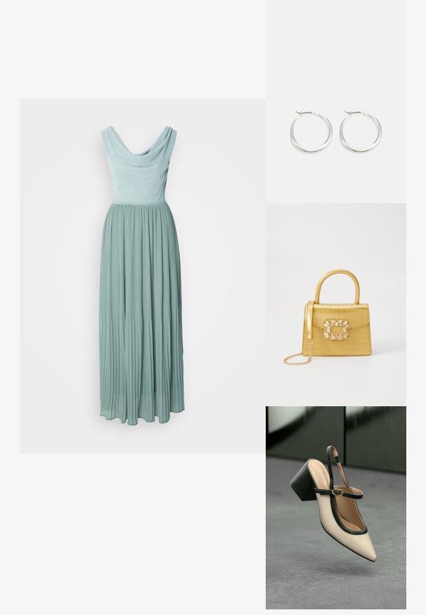 Plisovaná maxi šaty v svetlom teal s prehnutým výstrihom a priliehavým telom. Mäkká, splývavá tkanina vytvára jemný siluet.; Béžová lodička so špicatou špičkou, s čiernym lemom, zlatou prackou a robustným blokovým podpätkom na šedom podlahe s tmavozeleným pozadím.; Žltá falošná krokodília kabelka so štruktúrovaným dizajnom, horným držadlom, odnímateľným reťazovým popruhom a dekoratívnym kryštálovým ozdobením na zapínaní.; Strieborné kruhové náušnice majú hladký, zaoblený dizajn s tenkým profilom a bezpečným zapínaním. Minimalistický štýl s lešteným povrchom.