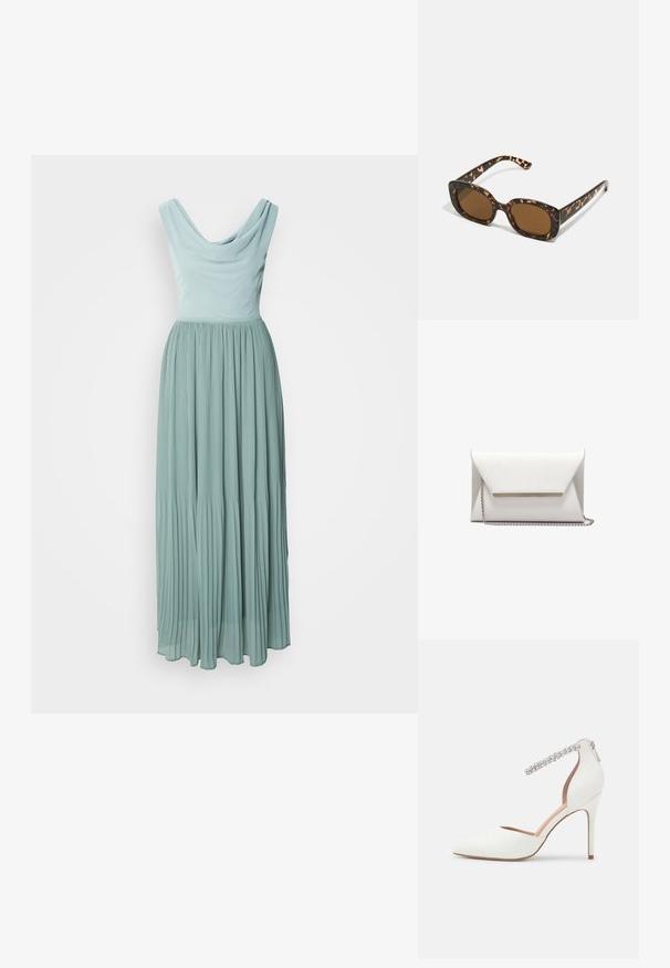 Πτυχωτό maxi φόρεμα σε ανοιχτό τιρκουάζ, με λαιμόκοψη cowl και εφαρμοστό κορσέ. Μαλακό, ρέον ύφασμα δημιουργεί μια απαλή σιλουέτα.; Λευκό ψηλοτάκουνο παπούτσι με μυτερή μύτη, κατασκευασμένο από δέρμα, ρυθμιζόμενο λουρί για τον αστράγαλο διακοσμημένο με ρουμπινένια, και λεπτό τακούνι στιλέτο.; Γυαλιά ηλίου από καβουρδισμένο κέλυφος με στρογγυλό, χοντρό σκελετό και καφέ φακούς. Διαθέτουν διακριτά σχέδια και ευθείες, κομμένες βραχίονες.; Λευκό φάκελο-clutch φτιαγμένο από λείο δέρμα με ασημί αλυσίδα και μεταλλική γραμμή στη μπροστινή πλευρά. Μινιμαλιστικός σχεδιασμός και τριγωνικό σχήμα.