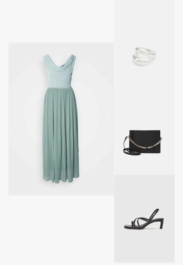 Plekiga maxi kleit helesinisest värvist, kätkeb kurgus kaelaosa ja liibuvat kehaosa. Pehme, voolav kangas loob õrna silueti.; Mustast rihmajalatsid ruudukujulise varba ja madala ploki kontsaga. Omab mitmeid õhukesi rihmasid ja reguleeritavat pahkluu rihma. Valmistatud siledast nahast.; Mustast nahast õlakott, mis omab siledat tekstuuri, ristküliku kuju ning esiküljel metallketi detaili. Reguleeritav rihm on kaasas.; Hõbedane kahekordne rõngas sujuva, poleeritud pinnaga. Omab voolavat, kõverat disaini, millel on kattuvad sektsioonid, et saavutada kaasaegne ilme.