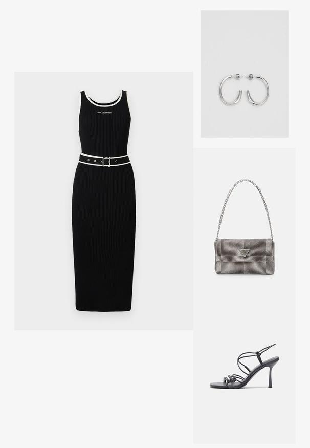 Rochie midi neagră cu modele rigide, cu decolteu rotund, margine albă și o curea asortată cu o cataramă argintie. Textul "KARL LAGERFELD" pe față.; Sandale negre cu toc înalt au curele subțiri cu un design legat, un vârf pătrat neted și un toc stiletto elegant.; Geantă metalică gri deschis, cu un strap din lanț, decorată cu mici ținte circulare metalice și un logo de marcă triangular.; Cercei creole din argint cu suprafață netedă și lucioasă, având o formă curbată și închidere cu tija. Design minimalist cu un finisaj modern.