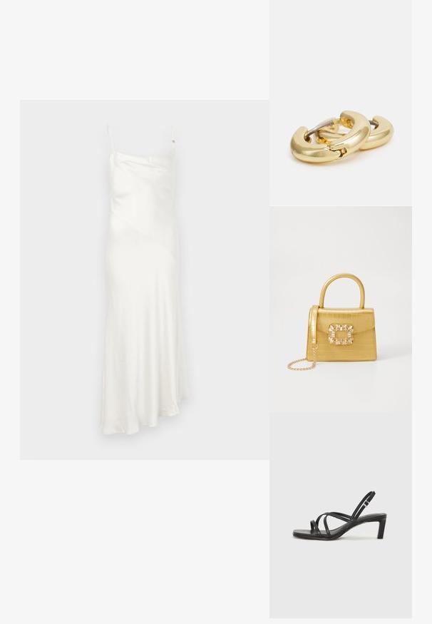 Balti satininis sijonas su plonais petnešomis, įstrižai sukurtu siūlų detalė ir plačios apvados, kuri sukuria sraigišką siluetą. Lygus, lengvas tekstūras.; Juodi šlepetės su kvadratiniu pirštu ir žemu bloku kulnu. Yra keli ploni dirželiai ir reguliuojamas kulkšnies diržas. Pagaminti iš lygios odos.; Geltonas dirbtinės krokodilo odos rankinukas su standžiu dizainu, viršutine rankena, nuimamu grandininiu dirželiu ir dekoratyviniu krištolo papuošimu ant užsegimo.; Auksiniai auskarai žiedai su lygiu, apvaliu dizainu. Papildomi sidabro elementai užtikrina patogų dėvėjimą ir žvilgantį paviršių.