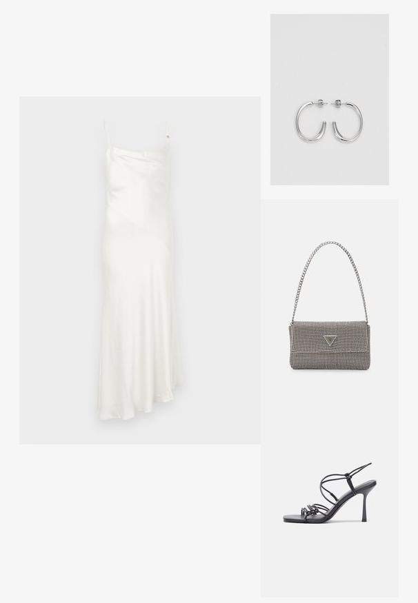 Fehér selyem slip ruha vékony pántokkal, átlós varrási részlet és bővülő szegély, amely lágy vonalvezetést teremt. Simogató, könnyű textúra.; Fekete magas sarkú szandálok vékony pántokkal, csomózott mintával, sima négyzetes orral és karcsú stiletto sarkal rendelkeznek.; Világosszürke fémes kézitáska lánc pánttal, kis kör alakú fém kifinomult díszítéssel és háromszög alakú márkagéppel.; Ezüst karika fülbevalók sima, fényes felülettel. Lekerekített forma, könnyű kialakítással, tűs zárómechanizmussal.