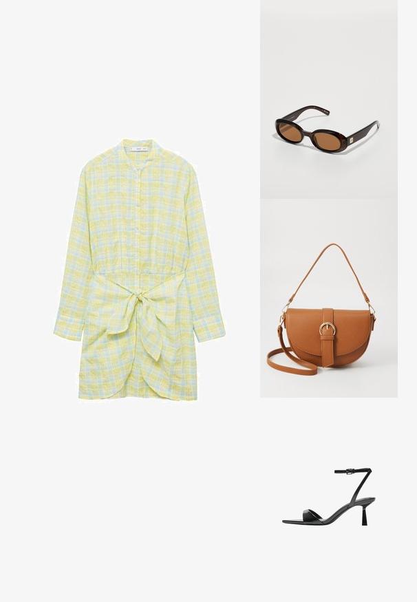 Abito camicia a quadri giallo e blu, maniche lunghe, chiusura con bottoni, vita cinchata con dettaglio di cintura, tessuto leggero, vestibilità comoda.; Bershka Sandali con tacco - black; Occhiali da sole tartarugati marroni con lenti ovali, caratterizzati da una montatura sottile e un piccolo accento metallico sul lato. Finitura texturizzata e lucidata.; Borsa a tracolla in pelle marrone con forma curvata, hardware dorato e un dettaglio con fibbia. Presenta una tracolla rimovibile.