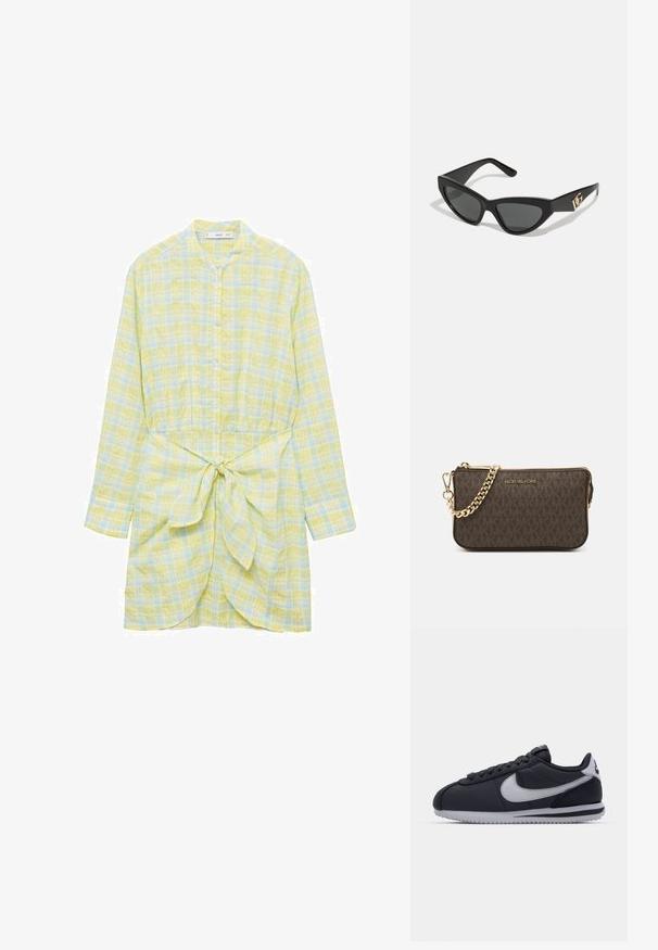 Žlté a modré kockované šaty s dlhými rukávmi, zapínanie na gombíky, sťahovaný pás s viazaním, ľahký materiál, voľný strih.; Čierne športové topánky s sivými akcentmi, hladký syntetický zvršok, textúrovaná podrážka, zaoblená špička a ploché šnúrky. Klasický dizajn s detailom loga.; Slnečné okuliare v tvare mačacích očí s matným čiernym plastovým rámom, tmavými sklami a zlatým logom na bočnej strane. Ostrý dizajn a hladká textúra.; Hnedá kožená crossbody taška s logom, zlatým reťazcom, zipsovým uzáverom a zlatými prvkami. Kompaktnej a obdĺžnikovej forme.