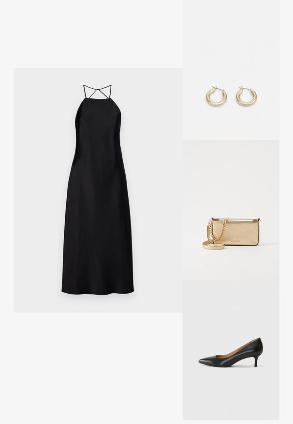 Vestido maxi de cetim preto com decote halter e alças cruzadas nas costas, apresentando uma textura suave e um design minimalista.; Sapato de salto alto em pele preta com bico fino, salto baixo e textura suave. Apresenta uma ligeira abertura na parte da frente e mínima ferragem na parte de trás.; Clutch de couro dourado metálico com um acabamento texturizado, apresentando uma alça de corrente dourada e uma alça de ombro removível. Logotipo da marca em relevo.; Lauren Ralph Lauren BASIC SMALL HOOP - Brincos - gold-coloured