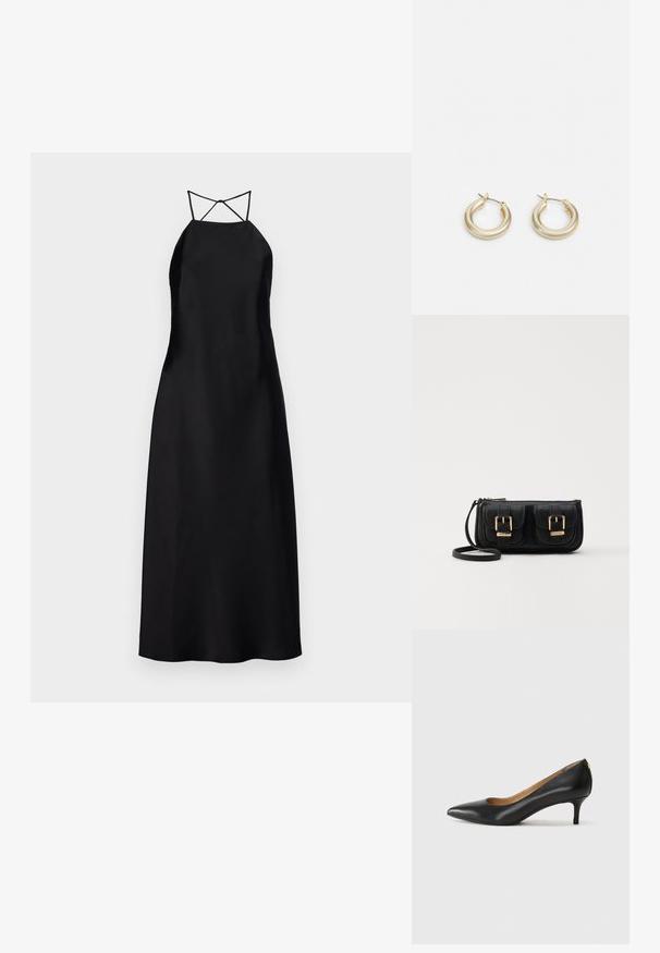 Svart satin maksikjole med halterneck og krysslagte ryggstropper, med en glatt tekstur og minimalistisk design.; Sorte lærpumpe med spiss tå, lav hæl og en glatt tekstur. Har en liten åpning foran og minimalt med beslag bak.; Svart skinn crossbody veske med to frontlommer, gyldne spenner, glidelåslukking og en slank stropp. Teksturert overflate og kompakt rektangulær form.; Lauren Ralph Lauren BASIC SMALL HOOP - Øredobber - gold-coloured