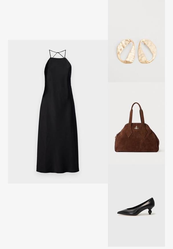 Mustan satiinisen maxi-mekon, jossa on olkaimeton kaula-aukko ja ristikkäiset selkäremmit. Mekko on sileäpintainen ja minimalistinen muotoilu.; Musta nahkakengät korkealla korolla, joissa on terävä kärki ja pyöreä, pallomainen korko. Sileä pinta ja tyylikäs, minimalistinen muotoilu.; Ruskea mokkahamppari, jossa on jämäkkä muoto, pyöreä runko ja pitkät timantinmuotoiset kahvat. Varustettu hopeasävyisellä sulkumekanismilla.; Pari epämuodostuneita soikeita kultasävyisiä metallikorvakoruja, joissa on teksturoitu, hieman hakattu pinta valkoista taustaa vasten.