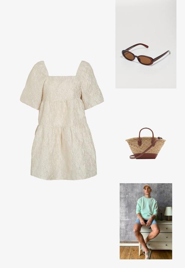 Kratka bež haljina s nabranim kratkim rukavima, kvadratnim dekolteom i teksturiranim cvjetnim jakardom.; Majica mint zelene boje, traper šortsevi i maslinasto zelene slip-on cipele. Sjedi na svijetlom komodi uz pozadinu s teksturiranom sivom zidnom površinom.; Okvir okruglih, smeđkastih sunčanih naočala s sjajnim burgundskim okvirom. Uski nositelji s suptilnim brendiranjem. Ravna leća.; Woven straw basket torba s smešnim kožnim detaljima, dva ručka i odvojivim remenom. Savijen oblik s čvrstim dnom.