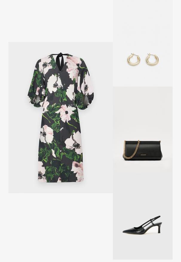 Gėlių suknelė su juodu fono; turi didelius rožinius ir žalius gėlių raštus, V formos iškirptę, pūstas rankoves ir rišamą detalę nugaros pusėje.; Juodai lakuoti slingback aukštakulniai su smailiu nosiu, su tekstūruotu gyvatės raštu, reguliuojama juosta ir trumpu, tekstūruotu blokiniu kulnu.; Juodas odinis delninukas su auksine grandine, turintis lygų paviršių, stačiakampį išmatavimą ir įspaustą prekės ženklą priekyje.; Lauren Ralph Lauren BASIC SMALL HOOP - Auskarai - gold-coloured