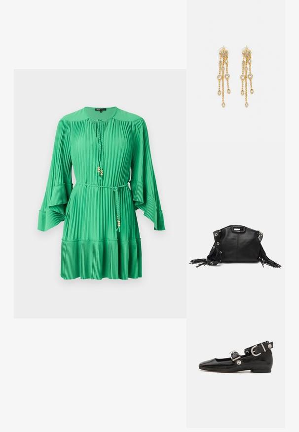 Grünes plissiertes Kleid mit langen Glockenärmel, Kordelzug-Ausschnitt und geflochtenem Gürtel mit goldenen Hardware-Akzenten. Glatte Textur, knielang.; Schwarze Lackleder-Ballerina mit eckiger Zehenpartie, Knöchelriemen mit silberner Hardware und flacher Sohle. Glatte Textur mit minimalistischen Design.; Maje MISS MINI - Umhängetasche - noir; Goldtonige Ohrringe mit mehreren kaskadierenden Ketten, verziert mit klaren ovalen Strasssteinen und dekorativen Ohrsteckern.