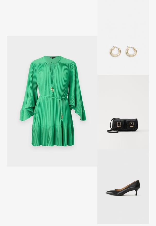 Zielona, plisowana sukienka z długimi dzwonowymi rękawami, dekoltem ze sznurkiem i splecionym paskiem z akcentami w złotym kolorze. Gładka faktura, do kolan.; Czarne skórzane szpilki z wąskim noskiem, niskim obcasem i gładką fakturą. Posiadają lekko otwarte przody i minimalne okucia z tyłu.; Czarna skórzana torba na ramię z dwoma przednimi kieszeniami, złotymi klamrami, zamkiem błyskawicznym i cienkim paskiem. Teksturowana powierzchnia i kompaktowy prostokątny kształt.; Lauren Ralph Lauren BASIC SMALL HOOP - Kolczyki