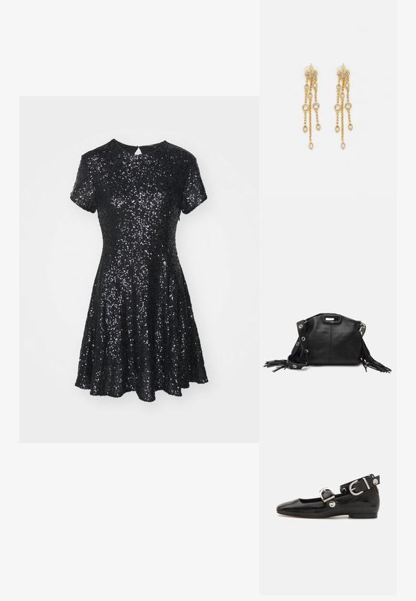 Crna haljina kratkih rukava prekrivena šljokicama, s okruglim izrezom, lepršavom suknjom i otvorom u obliku ključa na leđima.; Crne lakirane balerinke sa četvrtastim vrhom, remenom oko zapešća sa srebrnim detaljima i ravnim đonom. Glatka tekstura s minimalističkim dizajnom.; Maje MISS MINI - Torba preko tijela - noir; Zlatne naušnice s višestrukim kaskadnim lancima, s prozirnim ovalnim cirkonima i dekorativnim šiljcima na vrhu.
