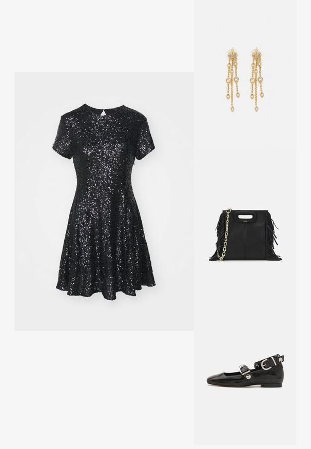 Juodas trumpų rankovių suknelė, padengta blizgučiais, su apvalia iškirpte, pūsta sijonu ir rakto skylutės detale gale.; Juodas lakinės odos plokščias batelis su kvadratiniu pirštu, kulkšnies dirželiu su sidabro detalėmis ir plokščiu padu. Sklandus paviršius su minimalistišku dizainu.; Juodas odinis rankų darbo rankinys su frinzuotomis detalėmis, auksine grandinės petneša ir išpjauto dizaino rankena. Pirmoje pusėje yra logotipo vieta.; Aukso spalvos auskarai su keliais kaskadiniais grandinėlėmis, su skaidriais ovaliais kristalų akcentais ir dekoratyviniais auskarų priekiais.