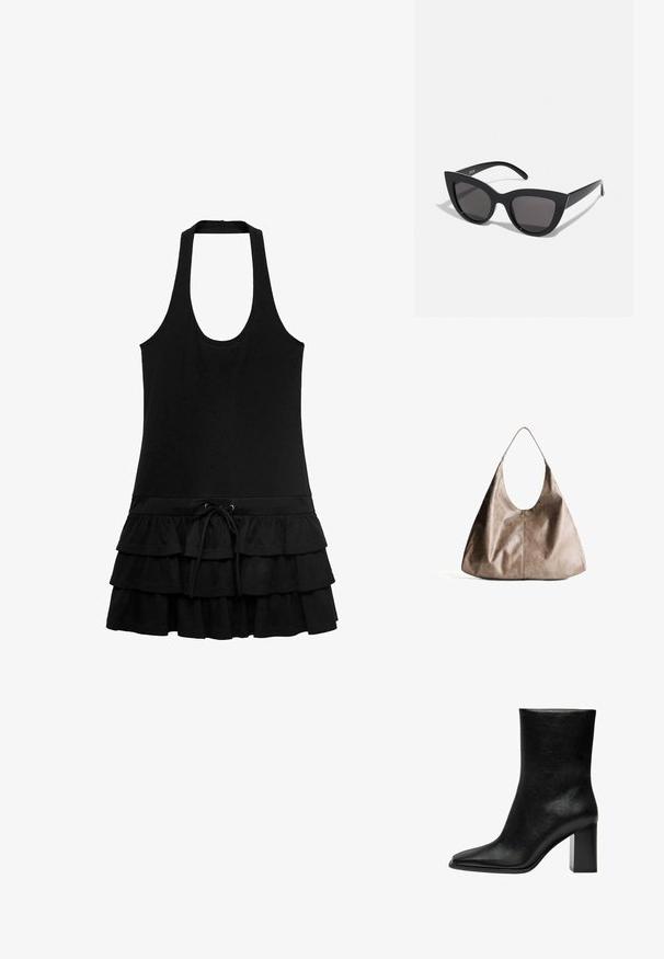 Czarna sukienka bez rękawów z dekoltem halter, z dopasowanym korpusem i falbankową spódnicą o warstwach, z regulowanym pasem na sznurek.; Czarne botki za kostkę wykonane z gładkiej skóry, z ostro zakończonym noskiem i masywnym prostokątnym obcasem. Minimalistyczny design bez ozdób.; Czarne okulary przeciwsłoneczne w kształcie kociego oka z matowym wykończeniem, z szarymi soczewkami, ostrymi kątami i smukłymi bocznymi ramionami. Nazwa marki widoczna na wewnętrznej części ramienia.; Beżowa skórzana torebka hobo o gładkiej teksturze. Posiada dużą, otwartą górę oraz jeden, szeroki pasek na ramię. Zaokrąglony, luźny kształt.