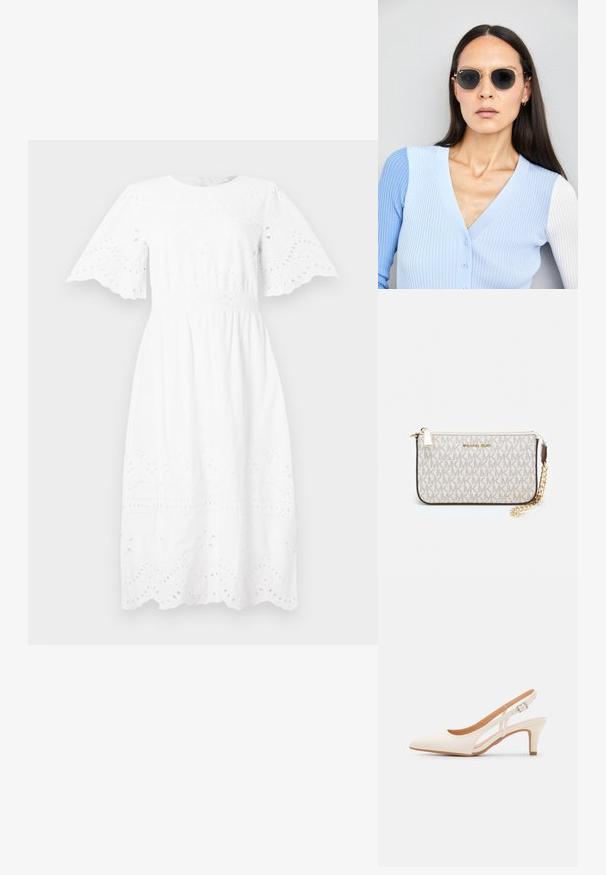 Balta medvilnės suknelė su trumpomis, ją pūstančiomis rankovėmis, apvaliu kaklu ir siuvinėtais akies raštais išilgai liemenės ir apvadu.; Balti slingback kulniukai su smailiu pirštu, lygia viršutine medžiaga, žemu blokuotu kulnu ir šoniniu išpjovimu su reguliuojamu sagtimi.; Apskriti saulės akiniai su tamsiais objektyvais ir auksiniais rėmeliais. Modelis vilki šviesiai mėlyną, raukinį kardiganą su mygtukais ir kontrastingomis baltomis rankovėmis.; Michael Kors rankinė smėlio spalvos dengto kanvoje su pakartotiniu MK logotipo raštu, auksinėmis detalėmis ir nuimamu grandininiu dirželiu.