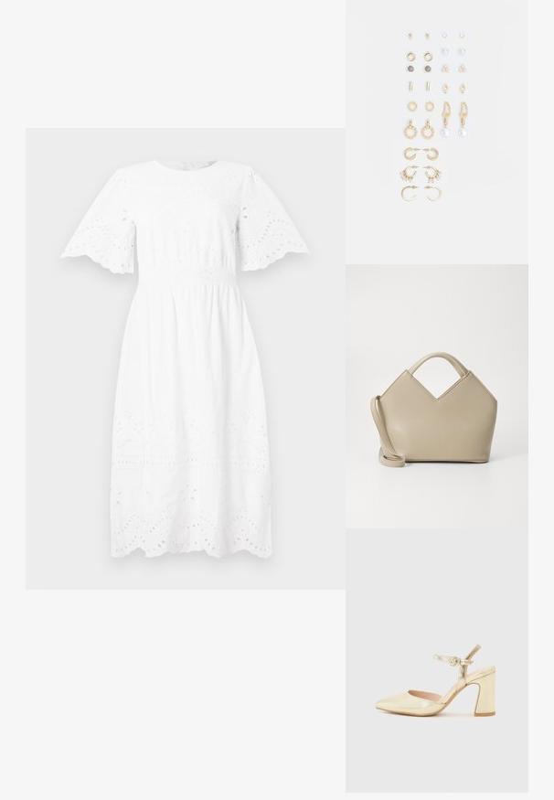 Rochie albă din bumbac, cu mâneci scurte, evazate, guler rotund și detalii brodate cu ochiuri de-a lungul bustului și marginii.; Pantof metalic auriu cu toc, varf ascutit, curea pentru glezna cu un sistem de prindere circular si un design cu toc chunky. Textura neteda.; Geantă structurată bej cu un vârf în formă de V, din material din piele netedă, cu mânere scurte și o curea lungă, ajustabilă. Design minimalist.; Set de cercei aurii, cu diverse designuri, inclusiv cercei tip stud, cercei hoop și cercei lungi cu perle și strassuri.