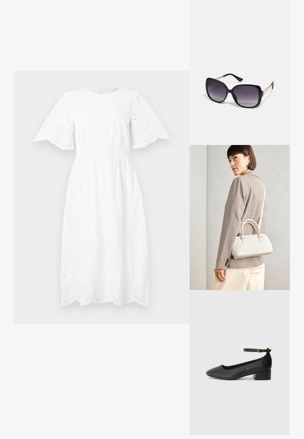 Vestido de algodão branco com mangas curtas e esvoaçantes, decote redondo e detalhes bordados em ilhós ao longo do corpete e da bainha.; Sandal de pele preta com bico pontiagudo e um salto bloco baixo. Apresenta uma tira no tornozelo com uma fivela em tom dourado. Textura suave.; Óculos de sol oversized pretos com lentes degradê, armações grossas e detalhes em corrente dourada nas hastes.; Bolsa estruturada branca com alças curtas e uma alça de ombro, com detalhes em hardware dourado e material texturizado, exibida contra um fundo cinza.