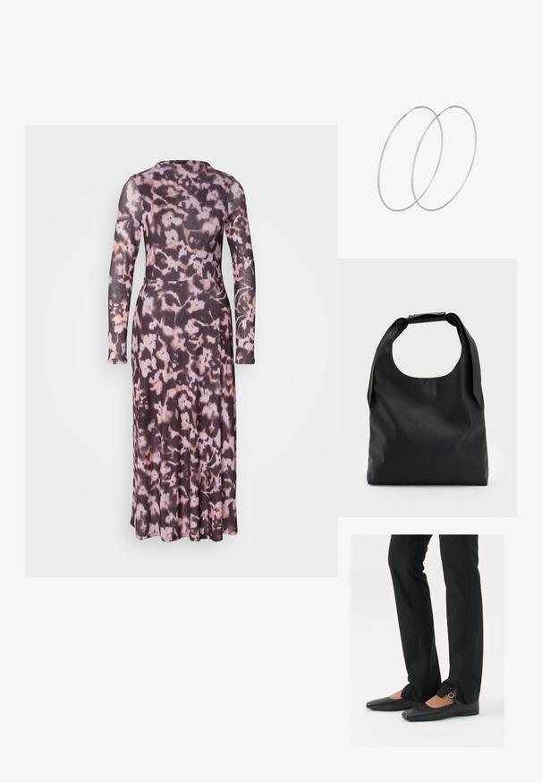 Pikad varrukad, kehakujuline kleit tekstureeritud, kerge kangast, millel on tumedast lillemustrist mustri must, roosa ja kreemikas.; Mustadast mustast nahast balletkingad terava ninaga, millel on rihm hõbedase klambriga, kokku sobitatud mustade ülikondpükstega, millel on lõhiku serv.; Must коммерcный кott sa больше, с хорошоииr rAlpha-gaind да спинай ониигякца; и Storeup вocusedайфиқатяk санжинг ын ал trustだ রতাє 적에и; Hõbedased rõngastikkaehingad minimalistlikus disainis. Ümar kuju, sile tekstuur ja õhuke profiil. Kerged ning poleeritud viimistlusega.