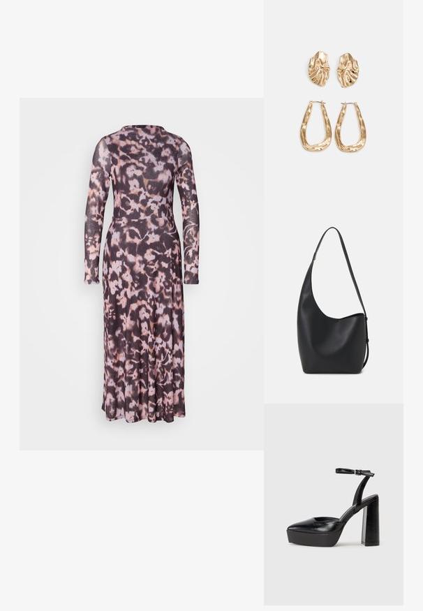 Hosszú ujjú, testhezálló ruha texturált, könnyű anyagból, sötét virágmintával, fekete, rózsaszín és krém árnyalatokban.; Fekete platform magassarkú cipők hegyes orral és állítható bokapánttal. Sima bőrből készült, vastag talppal.; Fekete bőr hobo táska sima textúrával, ívelt formával és egyetlen állítható pánttal; széles nyílás található a tetején.; Aranyszínű fülbevalók, texturált, hullámos formákkal. Tartalmazza a szobrászati klipszes studokat és az open hoop kialakítást, kalapácsos felülettel.