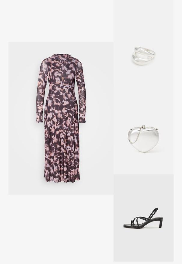 Robe ajustée à manches longues en tissu léger avec texture, présentant un motif floral sombre dans des tonalités de noir, rose et crème.; Sandale noire à lanières avec un bout carré et un petit talon bloc. Elle présente plusieurs fines lanières et une sangle de cheville ajustable. Fabriquée en cuir lisse.; Pochette en métal argenté en forme de cœur avec une texture lisse, fermeture à clapet et une bandoulière en chaîne argentée.; Bague en argent à double bande avec une surface lisse et polie. Présente un design fluide et courbé avec des sections qui se chevauchent pour un look moderne.