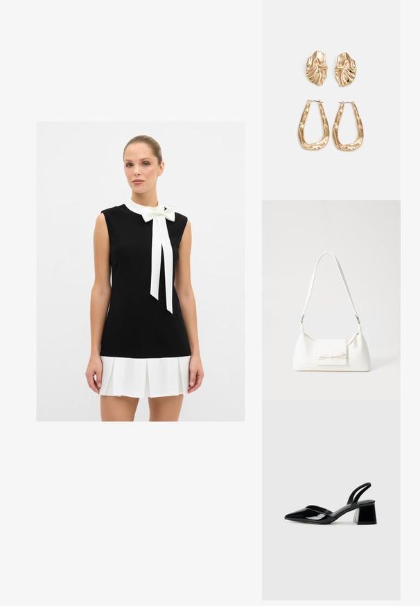 Schwarzes Kleid mit einem weißen Kragen und einer Schleifen-Details, ausgestattet mit einem plissierten weißen Rock. Glattes Material, ärmelloses Design und taillierter Schnitt.; Schwarze Lackleder-Slingback-High Heels mit spitzem Schuh und einem geometrischen Blockabsatz. Verfügt über ein schlankes, minimalistisches Design und eine glatte Textur.; Weiße synthetische Handtasche in dreieckiger Form, flache Vorderklappe und Schleifendetail, verstellbarer Trageriemen, glatte Textur und minimalistisches Design.; Ohrringe in Goldoptik mit strukturierten, gewellten Formen. Beinhaltet skulpturale Clip-Ohrringe und ein offenes Hoop-Design mit gehämmertem Finish.