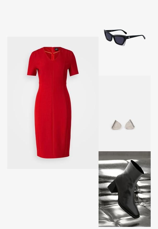 Raudona iki kelių prigludusi suknelė su trumpomis rankovėmis ir V formos iškirpte, pagaminta iš lygaus audinio su šiek tiek siuvinėjimo detalėmis.; Juodos kulkšnies botai, pagaminti iš blizgaus medžiagos, su kvadratine padu ir siauru kulnu, prieš blizgiai sidabrinį pūsto audinio foną.; Juodos didelės saulės akinių su geometrine forma, turinčiais tamsius objektyvus ir kontrastingą pilką detalę ant rėmelio. Logotipas ant šalon.; Sidabriniai metaliniai auskarai su lygiu, ašaros formos dizainu ir blizgiu paviršiumi. Subtilūs raižiniai prideda detalumo. Minimalistinis dizainas.