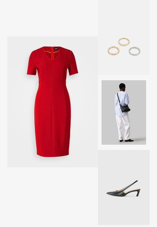 Červené pouzdrové šaty do délky kolen s krátkými rukávy a výstřihem do V, vyrobené z hladké tkaniny s drobnými švy.; Černý špičatý slingback s nízkým podpatkem, vyrobený z hladké kůže, s výřezem na boku pro lepší prodyšnost.; Černá kožená kabelka přes rameno s jemnou texturou, trojúhelníkovým tvarem a nastavitelným popruhem, v kombinaci se světle modrou pruhovanou košilí a bílými kalhotami.; Tři kovové prsteny: jeden růžově zlatý, jeden zlatý s texturovanými detaily a jeden stříbrný, všechny s vyrytým brandingem na vnitřním boku.
