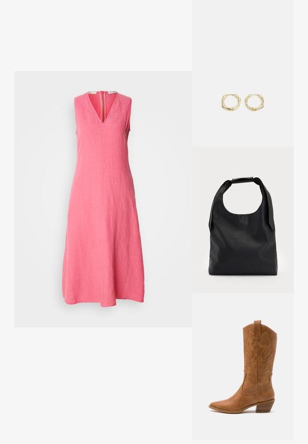 Bezrukávové šaty do kolen v jasně růžovém lnu. Mají výstřih do V a centrální zip na zadním díle, s hladkým a texturovaným povrchem látky.; Hnědé kožené kovbojské boty s špičatou špičkou, vyšívanými spirálovými vzory na štítech a s blokovým podpatkem. Obsahují poutko pro snadné obouvání.; Černá kožená kabelka s velkým otevřeným vrchem a jedním ramenním popruhem. Měkká textura, minimalistický design, s jemnými kovovými detaily.; Zlaté kruhové náušnice s texturovaným, nepravidelným tvarem. Disponují bezproblémovým uzávěrem a leštěným povrchem, což zdůrazňuje moderní design.