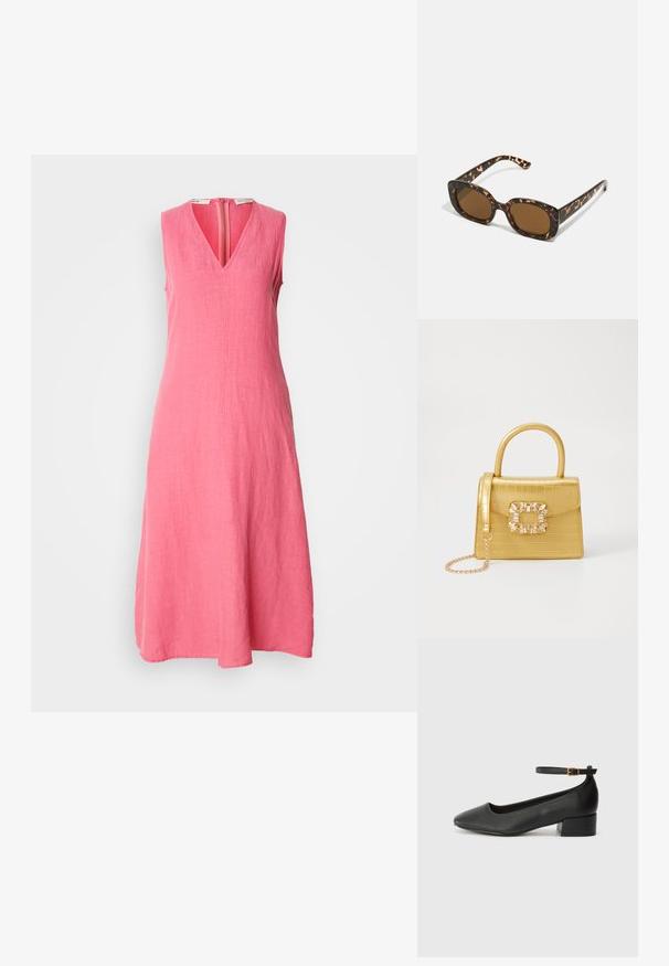 Rochie fără mâneci, până la genunchi, din in roz aprins. Are un decolteu în V și un fermoar pe mijlocul spatelui, cu un finisaj de țesătură netedă și texturată.; Pantof cu toc negru din piele, cu vârf ascuțit și toc mic pătrat. Dispune de o curea la gleznă cu o cataramă în tonuri de aur. Textură netedă.; Ochelari de soare cu chelă de broască țestoasă, având un cadru rotund și voluminos, cu lentile maro. Prezintă modele subtile și brațe drepte, conice.; Geantă galbenă din faux-crocodil cu un design structurat, mână superioară, curea detașabilă cu lanț și embellisment decorativ cu cristale pe închidere.