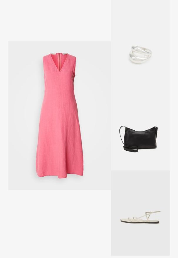 Varrukata, põlvepikkune kleit eredast roosast linast. Omab V-kujulist kaelust ja keskel asuvat lukku, siluett on sujuv ning kangas tekstuuriga.; Bežid lame sandaal, millel on mitu peenikest rihma ja reguleeritav pandla. Tallal on lame pind, mille ääres on kerge tumedam kontrast.; Mustmust nahk õlakotil on sile tekstuur, kumer kuju, reguleeritav rihm ja lukuga sulgemine. Minimalistlik disain ilma kaunistusteta.; Hõbedane kahekordne rõngas sujuva, poleeritud pinnaga. Omab voolavat, kõverat disaini, millel on kattuvad sektsioonid, et saavutada kaasaegne ilme.