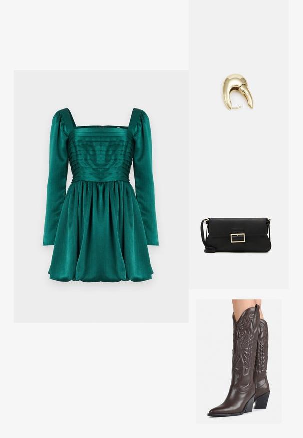 Smaragdroheline kleit ruutkaela, pikkade puffvarrukate ja voltidega esiosaga. Seelik on kokku korjatud, luues mahuka silueti.; Pruunid nahast cowboy saapad terava varbaga ja plokk-kandaga, millel on detailne tikand ja kergelt tõstetud aktsendid varrel.; Must haben musta nahkklahviga kott, millel on klapp ja kuldne metallist pandla detail. Kaasas must rihm ja stiilne, minimalistlik disain.; Kuldtooni metallist kõrvarõngas, millel on elegantne ja kaarjas disain. Omab silmapaistvat teravat kuju, poleeritud pinda ja hingesulgemist.