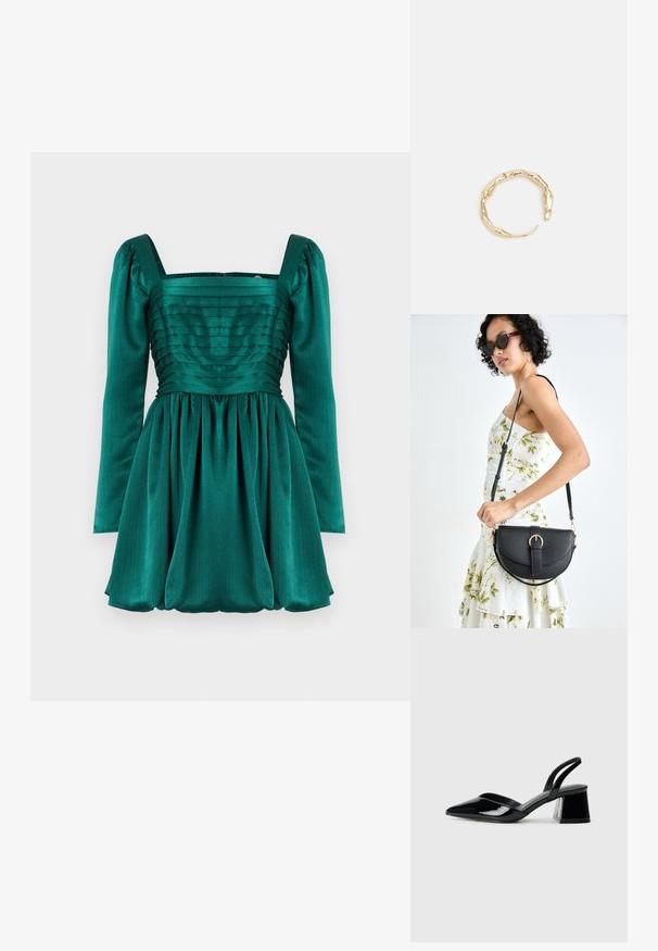 Smaragdovo zelené šaty so štvorcovým výstrihom, dlhými nafúknutými rukávmi a plisé telom. Sukňa je nariasená, vytvárajúca objemný siluet.; Čierne lakované kožené sandálové podpätky s špicatou špičkou a geometrickým blokovým podpätkom. Disponujú elegantným, minimalistickým dizajnom a hladkým povrchom.; Čierna kožená kabelka s zaobleným tvarom, odnímateľným popruhom a zlatými doplnkami. Kabelka má klopu s detailom s prackou.; Prsteň v zlatej farbe s organickým, skrúteným dizajnom, hladkým povrchom a zužujúcimi sa koncami, vytvárajúci moderný, sochársky vzhľad.
