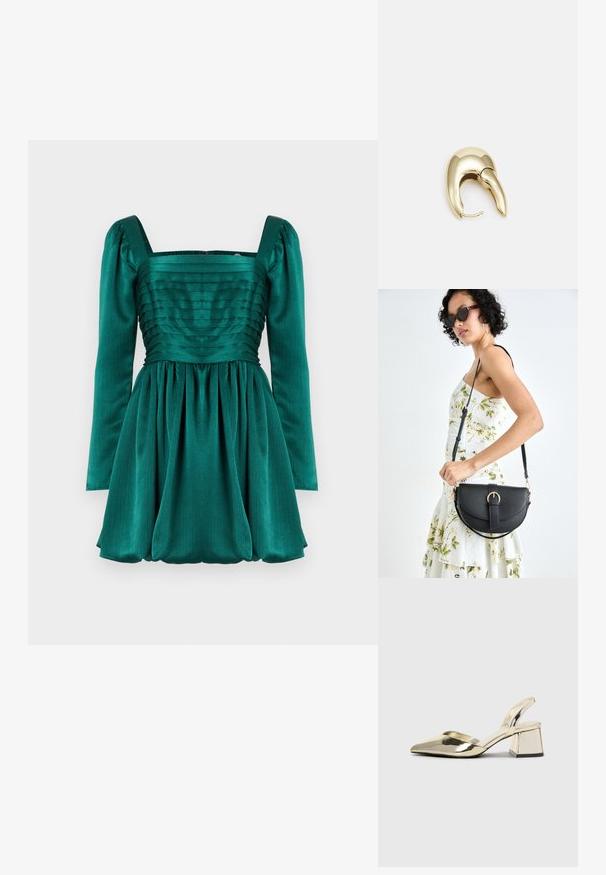 Smaragdovo zelené šaty so štvorcovým výstrihom, dlhými nafúknutými rukávmi a plisé telom. Sukňa je nariasená, vytvárajúca objemný siluet.; Zlaté kovové lodičky na podpätku so špicatou špičkou a robustným podpätkom. Hladký povrch, minimalistický dizajn a úzka remienok.; Čierna kožená kabelka s zaobleným tvarom, odnímateľným popruhom a zlatými doplnkami. Kabelka má klopu s detailom s prackou.; Náušnice z kovu v zlatej farbe s elegantným, zakriveným dizajnom. Majú charakteristický špicatý tvar, leštený povrch a uzáver na pánt.