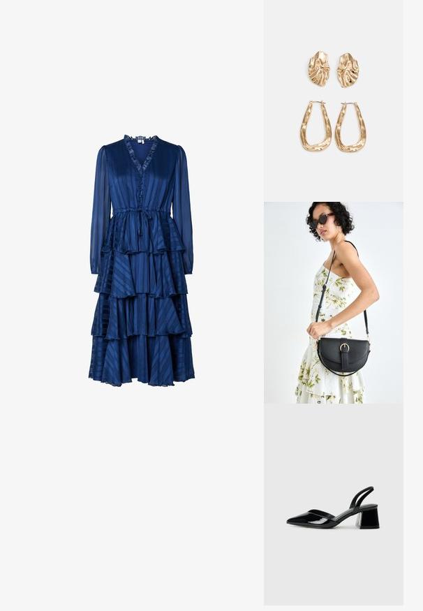 Hosszú ujjú sötétkék ruha, V nyakkivágással, gombos záródással és réteges fodrokkal. Texturált anyagból készült, függőleges csíkozással.; Fekete lakk bőr szandálkés magas sarkú cipő, hegyes orral és geometrikus tömbsarkakkal. Karcsú, minimalista dizájn és sima textúra jellemzi.; Fekete bőrtáska ívelt formával, levehető pánttal és arany színű fémrészekkel. A táskán egy csattal díszített fedél található.; Aranyszínű fülbevalók, texturált, hullámos formákkal. Tartalmazza a szobrászati klipszes studokat és az open hoop kialakítást, kalapácsos felülettel.