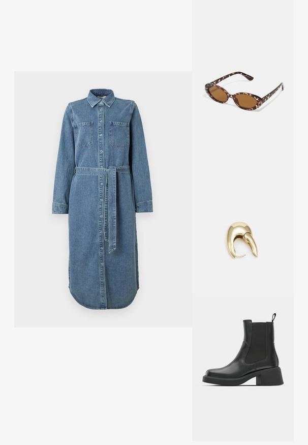 Jeanshemdkleid in Hellblau mit langen Ärmeln, Knopfleiste, zwei Brusttaschen und einem Taillengürtel. Der Saum ist rund und hinten länger.; Schwarze Leder-Stiefeletten mit elastischen Seitenpanelen, abgerundetem Zehenbereich und einem klobigen Blockabsatz. Glatte Textur mit einem minimalistischen Design.; Sonnenbrille aus Schildpatt mit ovalen Gläsern, braun getönt, dünnen Bügeln mit strukturiertem Muster, leichtem Kunststoffrahmen.; Ohrringe aus goldfarbenem Metall mit einem schlanken, geschwungenen Design. Sie verfügen über eine markante, spitze Form, eine polierte Oberfläche und einen Scharnierverschluss.