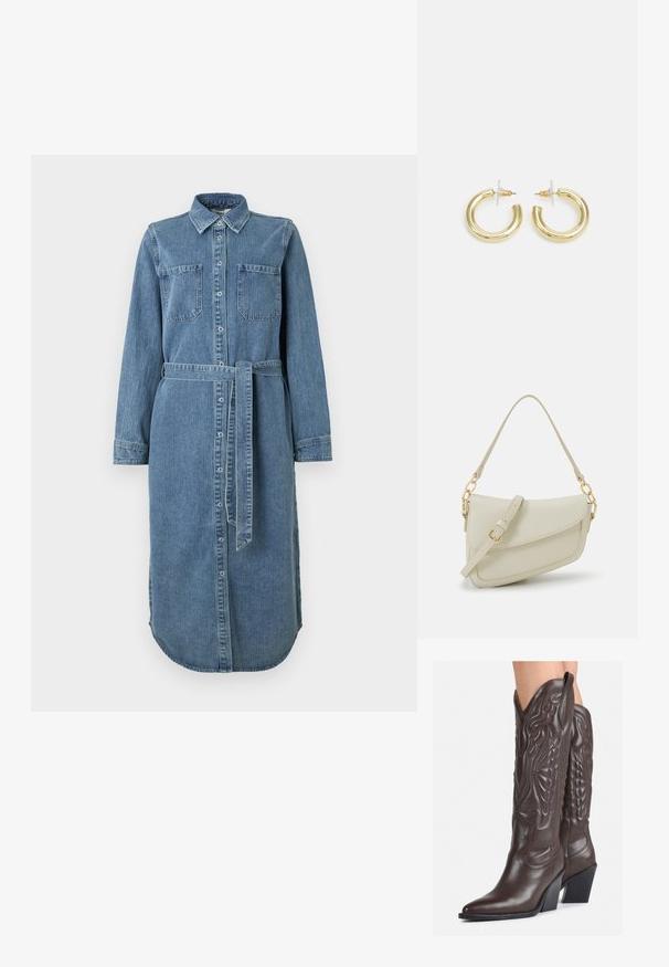 Gaiši zila džinsu krekla kleita ar garām piedurknēm, pogu priekšpusi, divām krūšu kabatām un jostu vidukļa daļā. Malas ir noapaļotas un garākas aizmugurē.; Brūni ādas kovboju zābaki ar norādītu purngalu un blokveida papēdi, ar detalizētu šūšanu un paceltiem akcentiem uz kājas daļas.; Maza krēmkrāsas rokas soma ar teksturētu apdari, garu regulējamu siksniņu, ķēdes akcentu un vāciņa aizdari. Zelta aparatūras detaļas.; Zelta auskari ar gludu, spīdīgu apdari. Apaļš dizains, kas ietver mazu tapu un caurspīdīgu pamatni drošai valkāšanai.