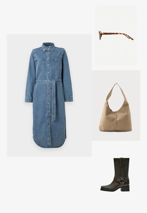 Világoskék farmeringruha hosszú ujjakkal, gombos elülső résszel, két mellzsebbel és derékpánttal. Az alja kerekded, hátul hosszabb.; Barna bőrből készült bokacsizma négyzetes orral, rövid tömbsarkúval és díszítő csattal, ezüst színű fémalkatrészekkel. Sima felület, egyszerű dizájn.; Teknőc mintás napszemüveg vastag kerettel, enyhén ívelt oldalakkal és sima felülettel. Klasszikus dizájn jellemzi, fényes kivitelben.; Puha bézs velúr hobo táska laza formával, széles vállpánttal és kézzel varrt varrási részlettel az elején.