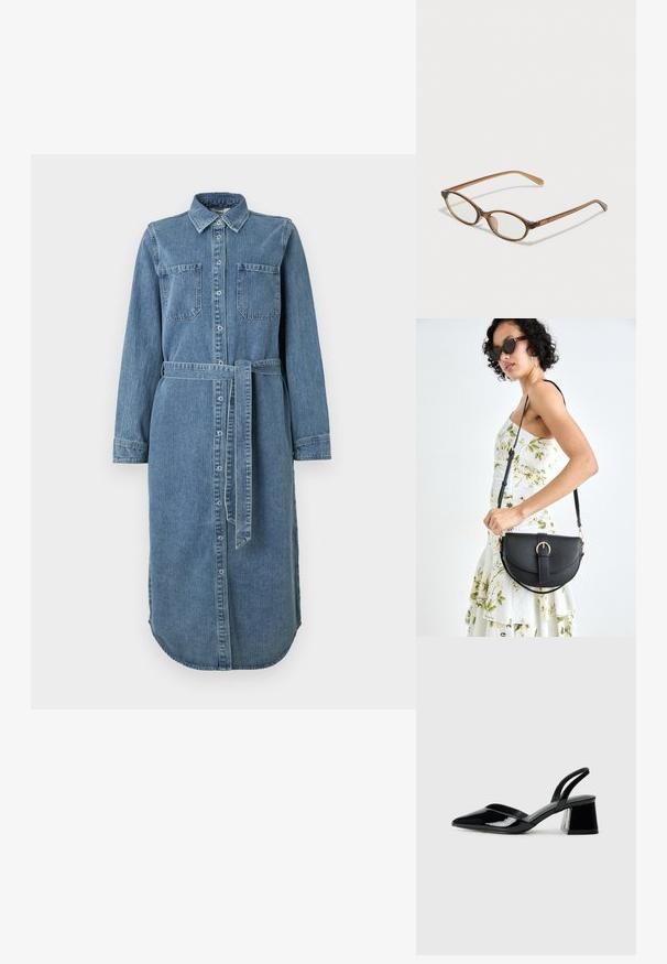 Šviesiai mėlyna džinsinė suknelė su ilgomis rankovėmis, mygtukų užsegimu, dviem krūtinės kišenėmis ir juosmens diržu. Hemas apvalus ir ilgesnis gale.; Juodos lakuotos odinės šlepetės su smailiu pirštu ir geometriniu bloko kulnu. Turi elegantišką, minimalistinį dizainą ir lygų paviršių.; Rudos aukso dėklai su ovaliais lęšiais, plonomis kojelėmis ir skaidriais akcentais. Ant šventyklos yra subtilus logotipas. Plonas, lengvas dizainas.; Juodas odinis krepšys su išlenkta forma, nuimamu dirželiu ir auksiniais detalėmis. Krepšys turi kilpą su sagtimi.