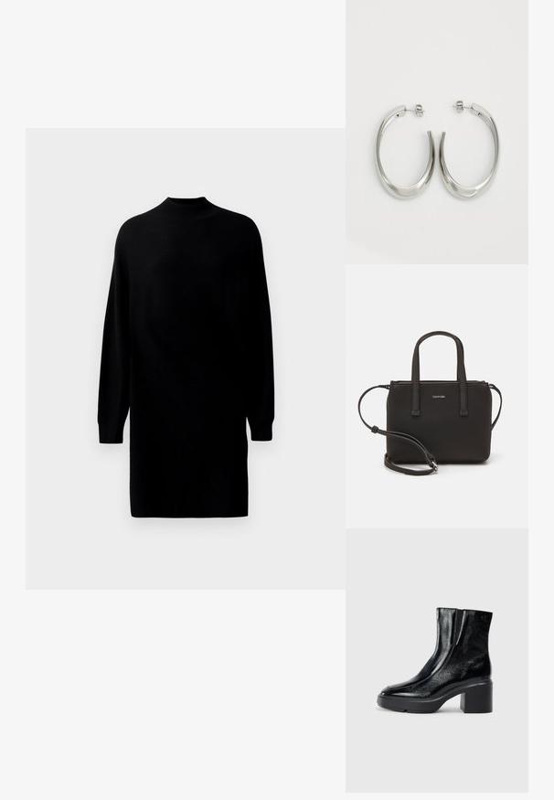 Schwarzes Langarm-Strickkleid mit hohem Halsausschnitt und geradem, lockeren Schnitt, vor einem schlichten hellen Hintergrund präsentiert.; Schwarze Lackleder-Stiefeletten mit einer geschwungenen Zehenpartie, elastischen Seiteneinsätzen und einem klobigen Blockabsatz. Mit geprägtem Logo auf der Rückseite.; Schwarze Handtasche mit zwei kurzen, doppelt geflochtenen Griffen und einem abnehmbaren Schulterriemen. Glattes, lederähnliches Material mit einem Reißverschluss und Logodetail.; Silberne Creolen mit einem glatten, geschwungenen Design. Mit einem glänzenden metallischen Finish und Steckverschluss. Keine sichtbaren Muster oder Akzente.