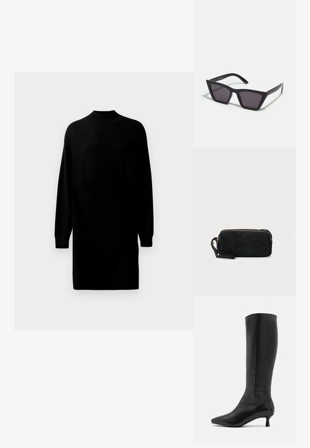 Svart långärmad stickad klänning med hög krage och rak, avslappnad passform, uppvisad mot en enfärgad ljus bakgrund.; Zign Stövel - black; Svarta, vinklade solglasögon med grå linser; tillverkade av plast, med tjocka skalmar med en slät yta och utan synlig hårdvara.; Svart mocka clutchväska med dragkedjestängning och avtagbart handledsband. Utrustad med guldfärgad hårdvara och en slät, matt yta.