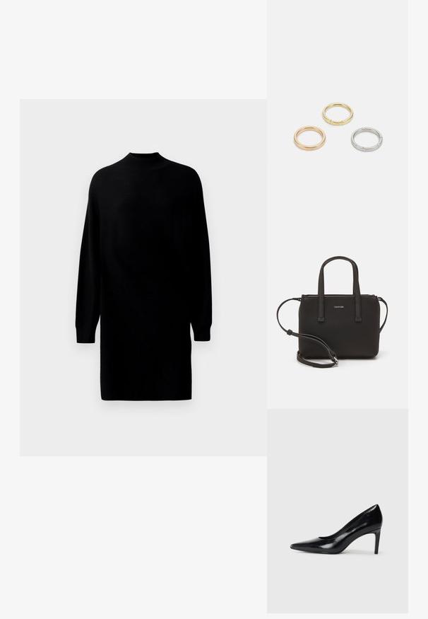 Črna pletena obleka z dolgimi rokavi in visokim izrezom, s hudournim in sproščenim krojem, razstavljena na enobarvni svetli podlagi.; Črna usnjena črna čevlja na visokem petu z zašiljenim prstom, gladko teksturo in zoženim peto. Minimalističen dizajn, brez dodatnih okraskov.; Črna torbica z dvema kratkima ročajema in odstranljivim naramnim trakom. Gladek usnju podoben material z zadrgo in podrobnostmi z logotipom.; Trije kovinski prstani: eden rožnato zlati, eden zlat z teksturiranimi detajli in eden srebrn, vsi z vgraviranim logotipom na notranji strani.