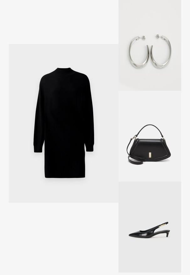 Mustatoon pikkade varrukatega kootud kleit kõrge kaelusega ja sirge, lõdva istuvusega, esitlemise tasase hele tausta ees.; Mustad nahast slingback kontsad terava ninaga, millel on õhuke konts ja kuldse tooni aktsent reguleeritaval rihmal. Sile tekstuur.; Must mustrist käekott, millel on struktureeritud disain, lühendatud kuju, ülemine käepide ja kuldne metallist detail. Reguleeritav õlalihm on kaasas.; Hõbe rõngas kõrvarõngad, millel on sujuv ja kõver kuju. Omab läikivat metallist viimistlust ja nupuga sulgemist. Pole nähtavaid mustreid ega aksessuaare.