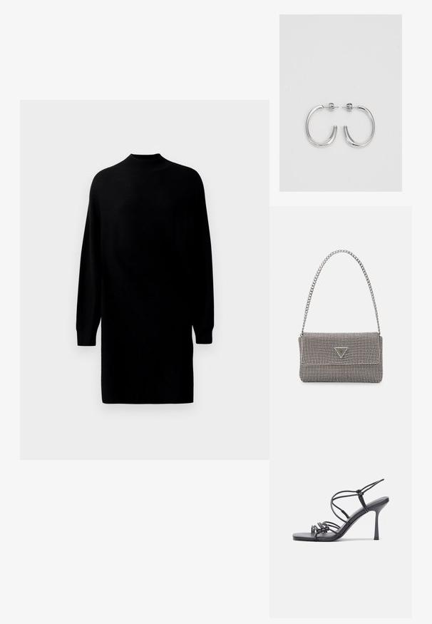 Fekete, hosszú ujjú kötött ruha, magas nyakú és egyenes, laza szabással, sima világos háttér előtt bemutatva.; Fekete magas sarkú szandálok vékony pántokkal, csomózott mintával, sima négyzetes orral és karcsú stiletto sarkal rendelkeznek.; Világosszürke fémes kézitáska lánc pánttal, kis kör alakú fém kifinomult díszítéssel és háromszög alakú márkagéppel.; Ezüst karika fülbevalók sima, fényes felülettel. Lekerekített forma, könnyű kialakítással, tűs zárómechanizmussal.