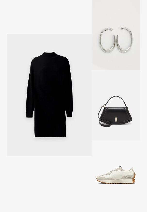 Zwarte, lange mouwen gebreid jurkje met een hoge halslijn en een rechte, ontspannen pasvorm, weergegeven tegen een eenvoudige lichte achtergrond.; Witte en beige sneaker met een gladde leren bovenkant, suède accenten, ronde neus en een gestructureerde rubberen zool. Merkennaam gedrukte op de zijkant.; Zwarte leren handtas met een gestructureerd ontwerp, featuring een verkorte vorm, bovenhandvat en gouden hardwareaccent. Inclusief verstelbare schouderband.; Zilveren oorringen met een gladde, gebogen vorm. Voorzien van een glanzende metallic afwerking en studsluiting. Geen zichtbare patronen of accenten.