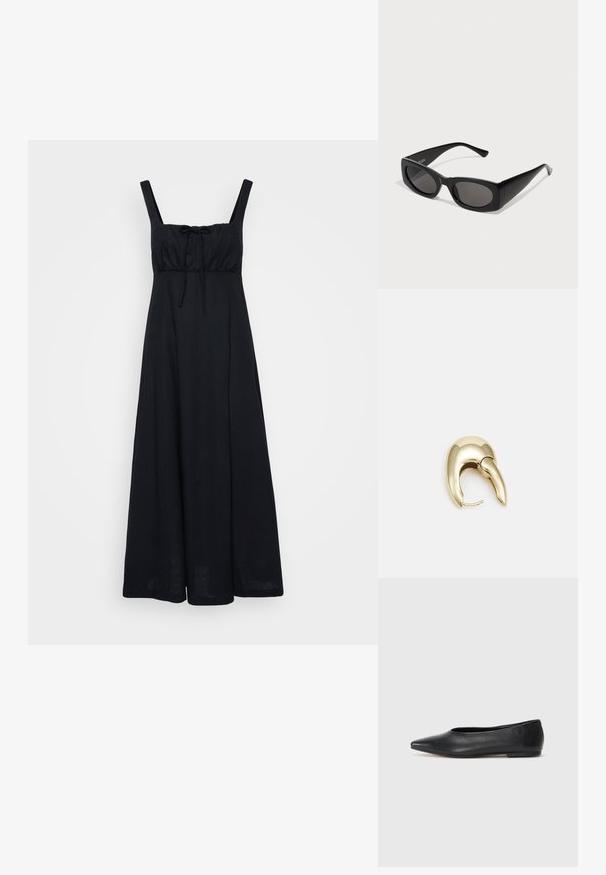 Sort, ærmeløs maxikjole med fitted bodice, firkantet halsudskæring og frontbinding. Lavet af letvægtsstof, falder til ankellængde.; Sort læder balletflade, spidse tæer, minimalistsk design, glat tekstur, lav hæl, ingen synlig hardware eller udsmykninger.; Sorte solbriller med rektangulært stel, mørke linser og teksturerede sider. Har et strømlinet, moderne design og dristige silhuetter.; Guldtonet metal ørering med et slankt, buet design. Har en karakteristisk spids form, poleret overflade og hængselåbning.