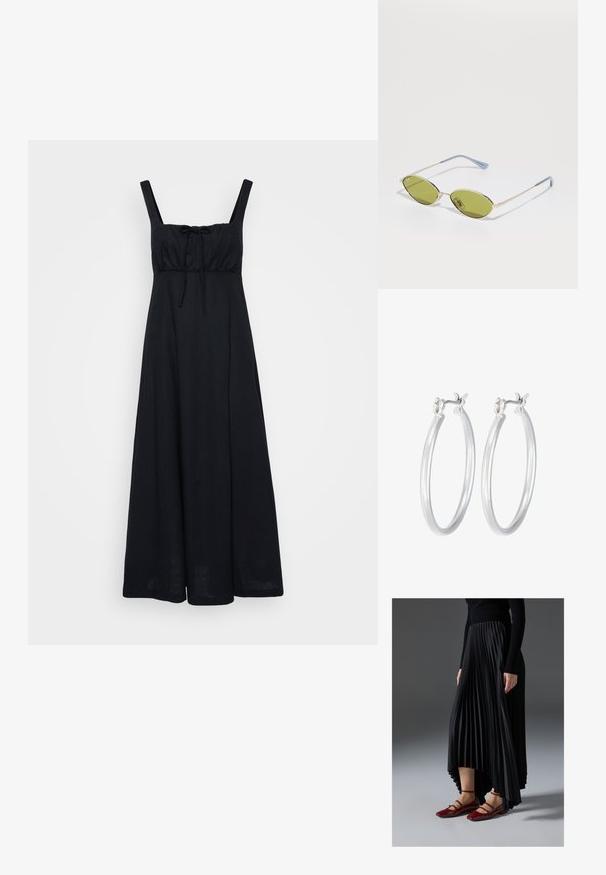 Czarna, bezrękawnikowa sukienka maxi z dopasowanym gorsetem, kwadratowym dekoltem i przednim wiązaniem. Wykonana z lekkiego materiału, sięga do kostek.; Czarna plisowana spódnica z asymetrycznym dołem, zestawiona z błyszczącymi czerwonymi balerinkami z paskiem. Tkanina ma gładką teksturę.; Oliwkowe okulary przeciwsłoneczne z cienką złotą ramką i niebieskimi akcentami na zausznikach. Owalne soczewki i minimalistyczny design.; Srebrne kolczyki w formie kółek o gładkim, polerowanym wykończeniu. O okrągłym kształcie i pewnym zapięciu na klik. Lekka konstrukcja odpowiednia do codziennego noszenia.