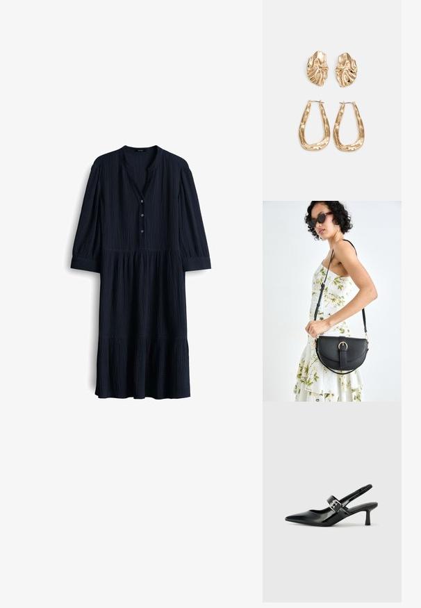 Navyblaues, strukturiertes Baumwollkleid mit V-Ausschnitt, drei Knöpfen und Dreiviertelärmeln. Ausgestellter Saum mit gerafften Akzenten.; Schwarze Lackleder Slingback-Absätze mit spitzem Zeh und kleinem Blockabsatz, ausgestattet mit einem silbernen Schnallenakzent am Riemen.; Schwarze Lederhandtasche mit geschwungener Form, abnehmbarem Tragegurt und goldenen Beschlägen. Die Tasche verfügt über einen Deckel mit einer Schnallen-Details.; Ohrringe in Goldoptik mit strukturierten, gewellten Formen. Beinhaltet skulpturale Clip-Ohrringe und ein offenes Hoop-Design mit gehämmertem Finish.